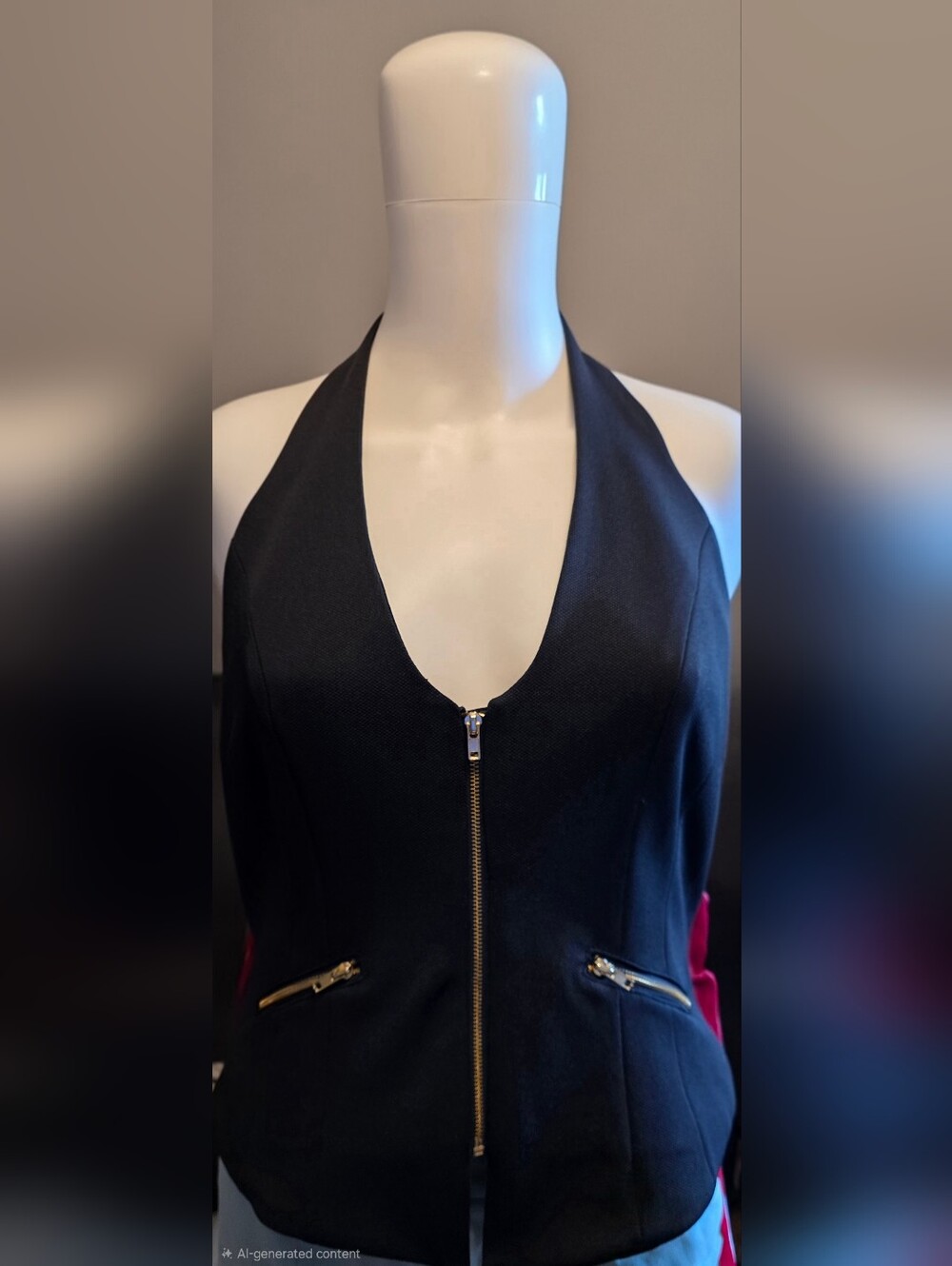 Black Halter Zip Front Top